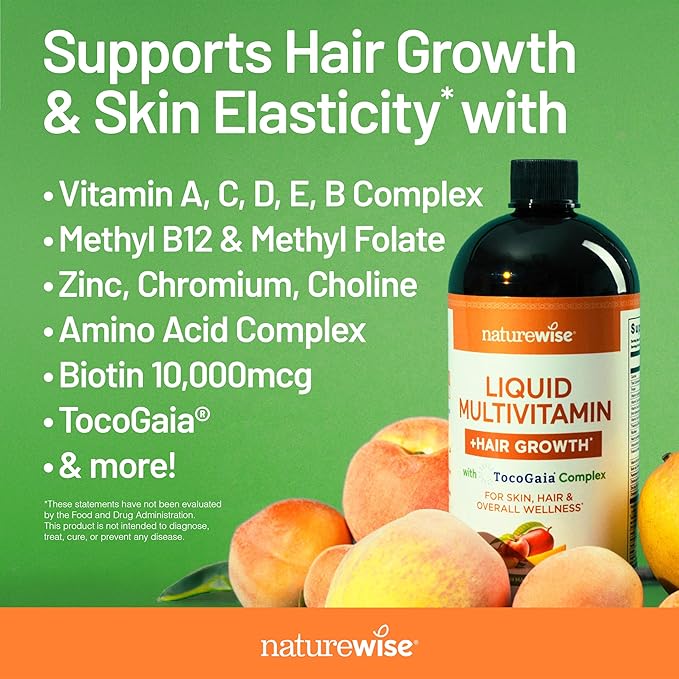 NatureWise Liquid Multivitamin Hair Growth for Women & Men + Clinically Proven Tocogaia®, Biotin, Vitamin D, E, B - Sugar Free Multivitamin for Hair Growth & Skin Elasticity - 30 fl oz[30 Servings]