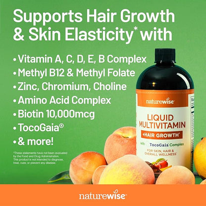 NatureWise Liquid Multivitamin Hair Growth for Women & Men + Clinically Proven Tocogaia®, Biotin, Vitamin D, E, B - Sugar Free Multivitamin for Hair Growth & Skin Elasticity - 30 fl oz[30 Servings]