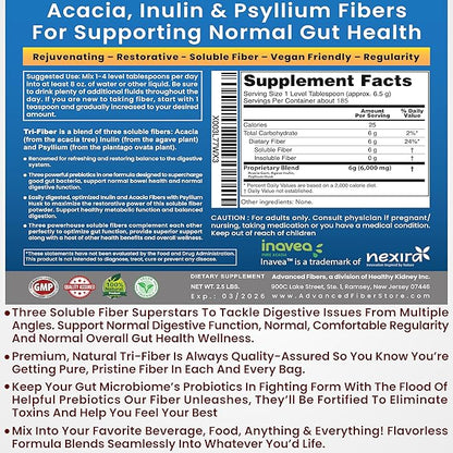 Tri-Fiber Soluble Fiber Powder, Unflavored High Fiber 3-in-1 Soluble Fiber Supplement for Digestive Support. Dietary Fiber 1 lbs (16oz)