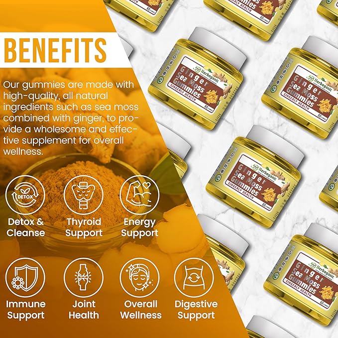 Ginger Sea Moss Gummies - Herbal Support for Immune & Digestive Health - Plant-Powered, Gluten-Free & Vegan-Friendly - 60 Count