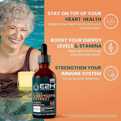 E2H Cordyceps Mushroom Extract - All-Natural Immune System, Energy & Stamina Support from Advanced Mushroom Supplement - Cordyceps Mushrooms Supplement - Non-GMO, Vegan - (2 Bottles)