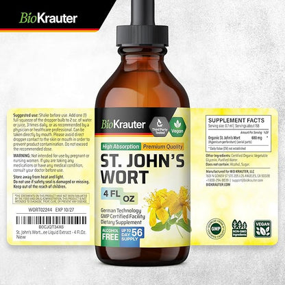 BIO KRAUTER St Johns Wort Tincture - Hypericum Perforatum Liquid Extract for Mood Support - High Absorption - St Johns Wort Alcohol Free Vegan Drops 4 Fl.Oz.