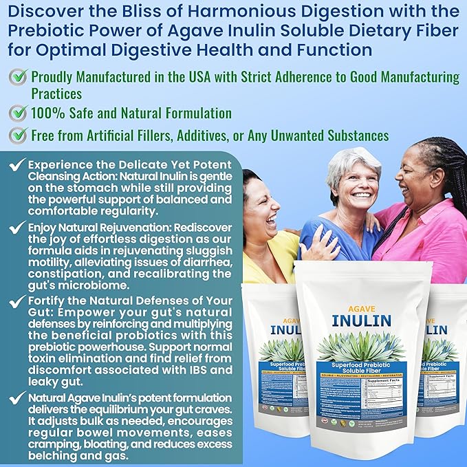 Organic Inulin Powder (16oz/1lbs) Gentle Agave Inulin Prebiotic Soluble Fiber Supplement for Digestive Support, Gut Health, Vegan Baking, Smoothies & Drinks