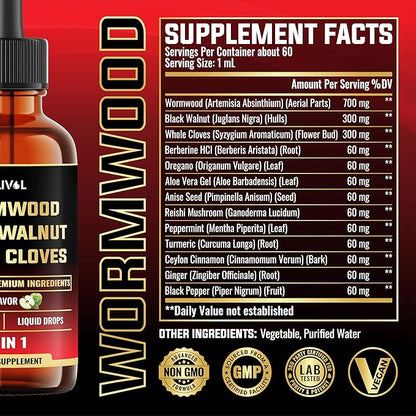 13in1 Wormwood Liquid Drops - 1900mg Black Walnut Wormwood Liquid Extract with Whole Cloves & More - 60 Day Supply - 2 Fl Oz