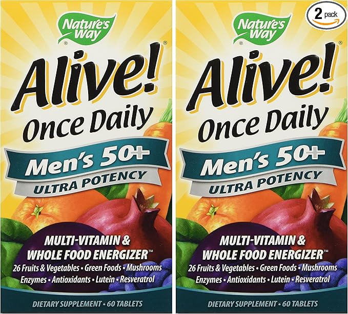 Nature's Way Alive! Once Daily Men's 50+ Multivitamin, Ultra Potency, Food-Based Blends (291mg per serving), 60 Tablets, Pack of 2