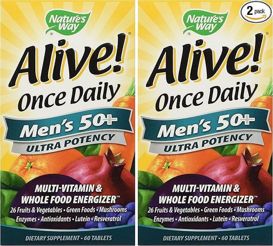 Nature's Way Alive! Once Daily Men's 50+ Multivitamin, Ultra Potency, Food-Based Blends (291mg per serving), 60 Tablets, Pack of 2