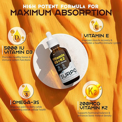 SURPO Vitamin D3 + K2 Liquid Drops with Omega 3 Oil - 5000 IU Vitamin D Drops K2 for Hormone Support & Bone Health - Liquid Vitamin D3 with K2 Drops for Maximum Absorption - 2Fl Oz Vitamin K2 D3