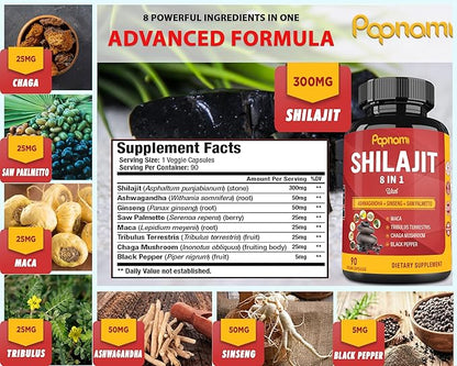 Shilajit Himalayan Capsules - 3 Month Supply - Combined Ashwagandha, Ginseng, Saw Palmetto, Maca, Tribulus, Chaga, Black Pepper
