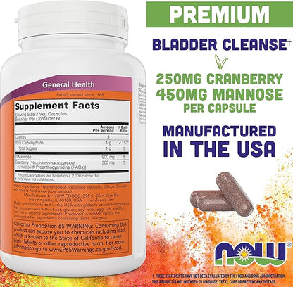 NOW Foods Mannose Cranberry, 120 Capsules (Pack of 2) - with PAC - 450mg dMannose, 250mg Whole Cranberry - Urinary Tract Health* - Vegan Friendly Supplement, Non-GMO