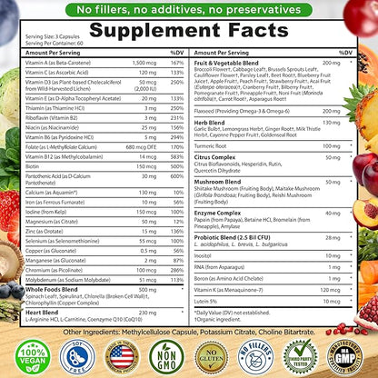 Vegan Whole Food Daily Multivitamin with Iron, Methylated Multivitamin for Women and Men, Made with Fruits & Vegetables, B-Complex, Probiotics, Enzymes, CoQ10, Omegas, Turmeric, Non-GMO, 180 Count