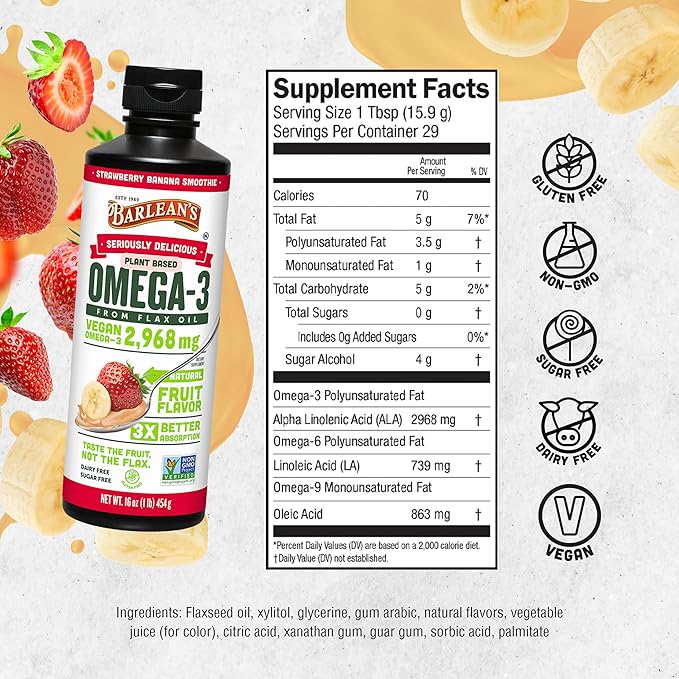 Barlean's Strawberry Banana Flaxseed Oil Liquid, Vegan Omega 3 6 9 Supplements for Kids & Adults from Cold Pressed Flax Seed Oil with 2,968 mg of Vegan Omegas, Non-GMO & Gluten Free, 8 oz