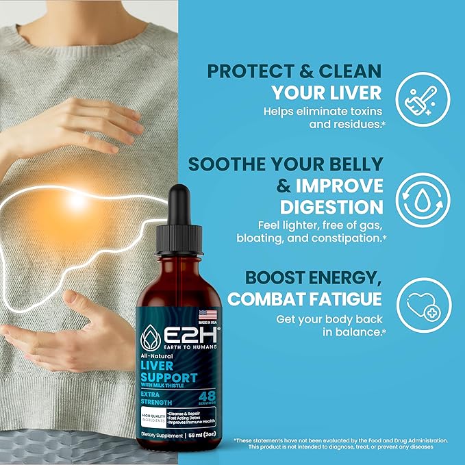 E2H Liver Support Supplement with Milk Thistle - Liver Cleanse Detox & Repair - Artichoke Extract, Dandelion Root, Chanca Piedra, and More - Absorbent Liquid Formula (3 Bottles)