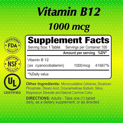 ALFA VITAMINS Vitamin B12 1000 Mcg 100 Tablets. Immune System. Nerves and Brain Health. Metabolism
