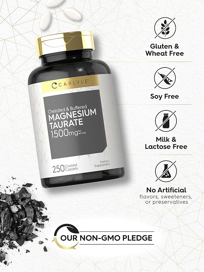Carlyle Magnesium Taurate 1500mg | 250 Caplets | Chelated and Buffered | Vegetarian, Non-GMO, Gluten Free Supplement