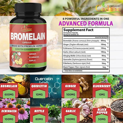 Organic Cadane Bromelain Extract Capsules, 8in1 with Quercetin, Elderberry, Nettle, Ginger, Echinacea, Garlic, Black Pepper - Support Digestion Health & Immune System - 60 Capsules