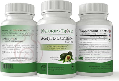 Nature's Trove Acetyl L-Carnitine (ALCAR) 500 mg 200 Vegetarian Capsules