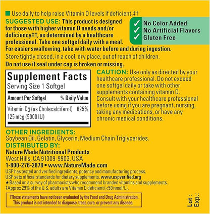 Nature Made Extra Strength Vitamin D3 5000 IU (125 mcg), Dietary Supplement for Bone, Teeth, Muscle and Immune Health Support, 180 Softgels, 180 Day Supply