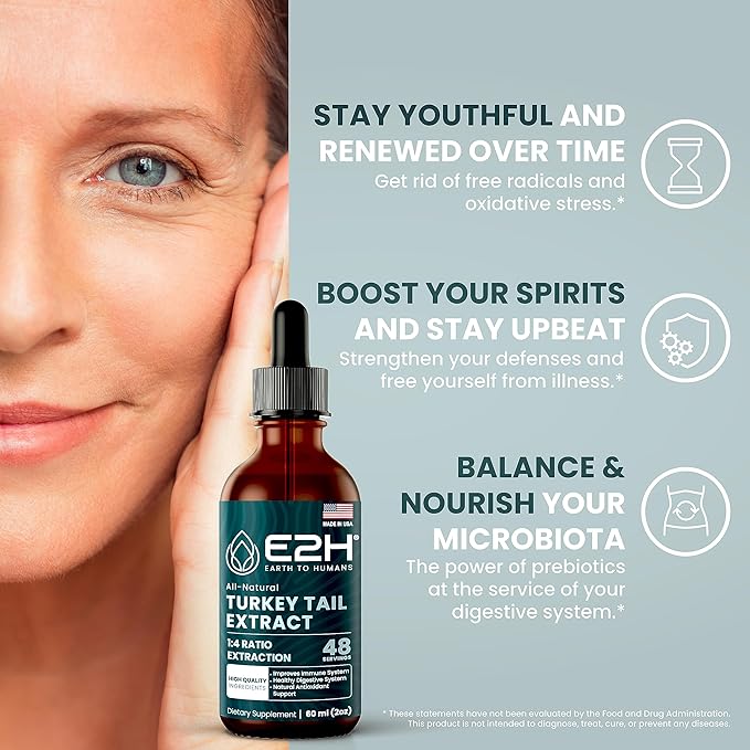 E2H Turkey Tail Mushroom Extract - All-Natural Immune System & Digestive Support from Advanced Mushroom Supplement - Turkey Tail Mushrooms Supplement - Non-GMO, Vegan (3 Bottles)