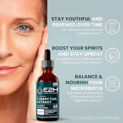 E2H Turkey Tail Mushroom Extract - All-Natural Immune System & Digestive Support from Advanced Mushroom Supplement - Turkey Tail Mushrooms Supplement - Non-GMO, Vegan (2 Bottles)