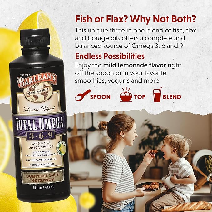 Barlean's Total Omega 3 6 9 Liquid Fish Oil Supplement with Borage and Flaxseed Oil 6,468 mg of Omegas EPA, DHA, ALA, and GLA for Joint and Heart Health, 16 oz