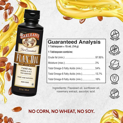 Barlean's Flaxseed Oil for Animals, Pet Essential Liquid Omega 3 Fatty Acids Cat and Dog Oil Supplements for Skin and Coat, Omega 3 for Dogs, Cats and Other Pets, 12 oz