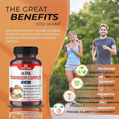 Ultra Mushroom Supplement Complex w Lion's Mane Cordyceps Maitake - 8 in 1 Mushroom Brain Supplements for Enhanced Clarity and Focus | 150 Capsules