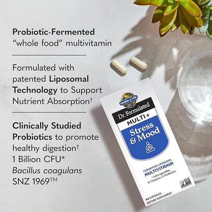 Garden of Life Dr. Formulated Multi+ Stress & Mood, Fermented Liposomal Multivitamin + Ashwagandha, B Vitamins & Probiotics - 60 Capsules, Whole Food Vitamin & Mineral Supplement