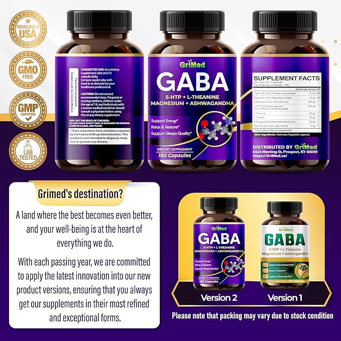 GriMed GABA 16,280mg - X15 Power with 5-HTP, L-Theanine, Magnesium, Ashwagandha - Relax & Restore, Support Sleep Well - Made in USA (150 Count (Pack of 1))