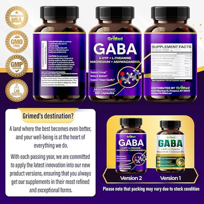 GriMed GABA 16,280mg - X15 Power with 5-HTP, L-Theanine, Magnesium, Ashwagandha - Relax & Restore, Support Sleep Well - Made in USA (150 Count (Pack of 1))