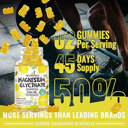 Magnesium Glycinate Gummies 2500mg - Sugar Free Magnesium Potassium Supplement with Vitamin D, B6, CoQ10 for Calm Mood & Sleep Support - 90 Lemon Gummies