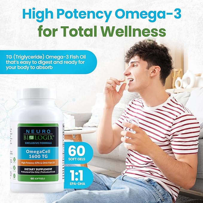 OmegaCell 1600 TG - High-Potency Omega 3 Supplement with 1:1 EPA & DHA Ratio - Premium, Sustainably Sourced Fish Oil from Norwegian Waters - Non-GMO & Gluten-Free Fish Oil Supplement - 60 Soft Gels