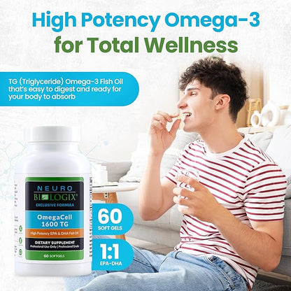 OmegaCell 1600 TG - High-Potency Omega 3 Supplement with 1:1 EPA & DHA Ratio - Premium, Sustainably Sourced Fish Oil from Norwegian Waters - Non-GMO & Gluten-Free Fish Oil Supplement - 60 Soft Gels