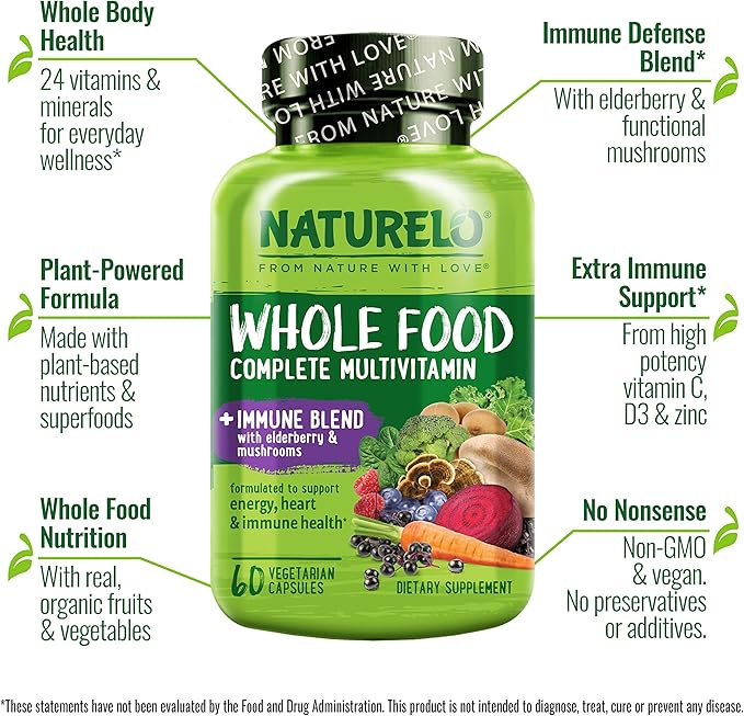 NATURELO Whole Food Multivitamin + Immune Blend with Elderberry & Mushrooms - Complete Multivitamin with Extra Immune Support - C, D3, Zinc, Elderberry, Reishi, Shitake, 60 Vegan Capsules (Pack of 2)