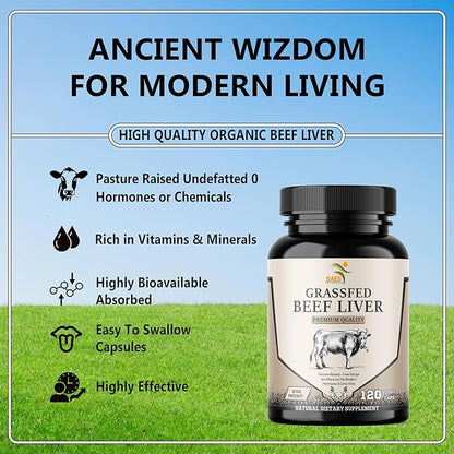 Grass Fed Desiccated Beef Liver Capsules (120 Pills, 500mg Each) - Natural Iron, Vitamin A, B12 for Energy - Humanely Pasture Raised Undefatted Without Hormones or Chemicals