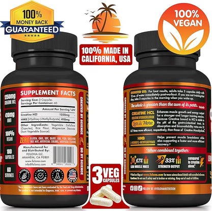 Creatine HCL Capsules with HMB - Workout Supplement for Men & Women, Muscle Builder, Endurance, Strength, Superior to Monohydrate: Instantized for Max Absorption, No Load, No Bloat, 180 Vegan Capsules