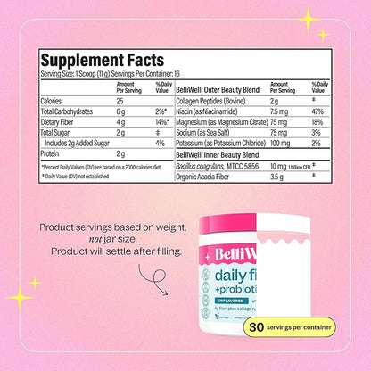 Unflavored Daily Fiber Supplement Powder with Collagen, Probiotics & Electrolytes | Supports Digestive Health, Gut Balance & Debloating, Sugar Free | 30 Servings