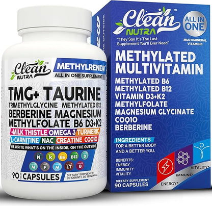 Clean Nutra Methylated Multivitamin for Women Men TMG Taurine Supplement + B6 Vitamins, B12, D3 K2, Magnesium Methylfolate Milk Thistle Omega 3 Turmeric NAC L Carnitine Creatine COQ10 B Complex Caps