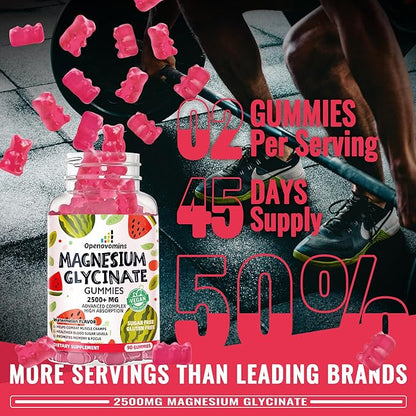 Magnesium Glycinate Gummies 2500mg - Sugar Free Magnesium Potassium Supplement with Vitamin D, B6, CoQ10 for Calm Mood & Sleep Support - 90 Watermelon Gummies