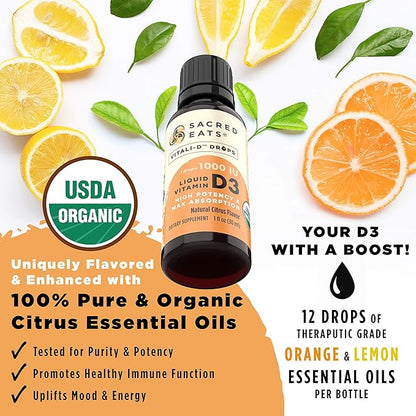 Organic Liquid Vitamin D Drops for Kids & Adults, Sugar Free. Easy to Use 1,000 IU/Drop in Coconut MCT Oil. Lasts Months, Best for High Doses. Max Absorption VIT D3 Supplement. Great Taste (Citrus)