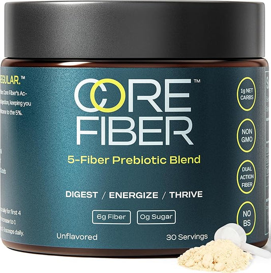 Fiber Powder Supplement with 5 Strains - Daily Prebiotic Blend - Supports Gut Health, Bloating, Regular Digestion & Sustained Energy - 6g Fiber per Serving, Sugar Free, Unflavored - 30 Servings