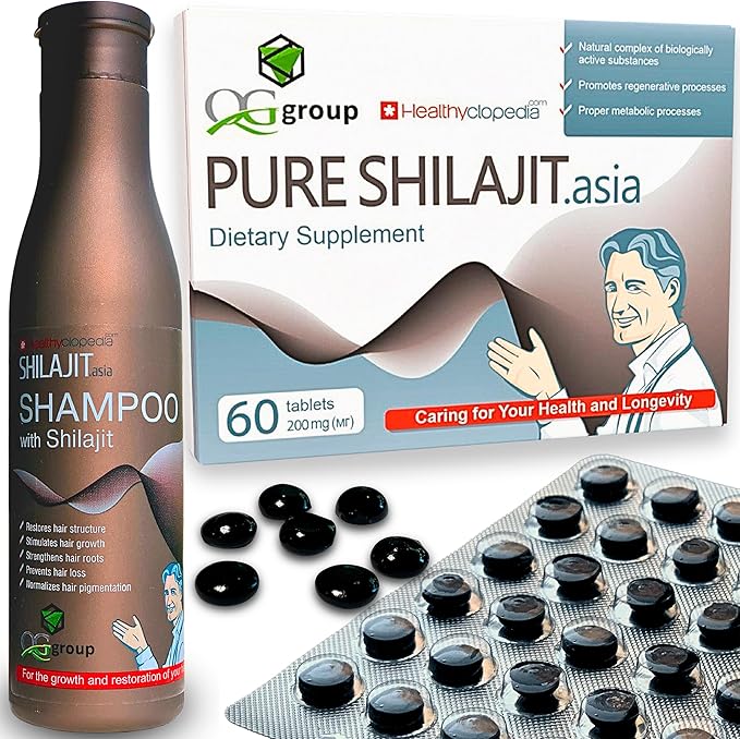Shilajit Shampoo 8.45oz and Pure Raw Shilajit Tablets (60 Count) Bundle - Natural Care for Hair & Vitality Boost