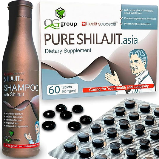 Shilajit Shampoo 8.45oz and Pure Raw Shilajit Tablets (60 Count) Bundle - Natural Care for Hair & Vitality Boost