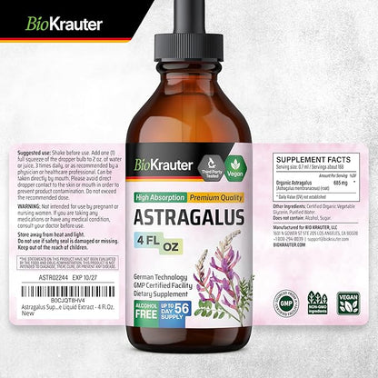 BIO KRAUTER Astragalus Tincture - Astragalus Root Extract for Immune Support - Alcohol and Sugar Free - High Absorption - Vegan Drops 4 Fl.Oz.