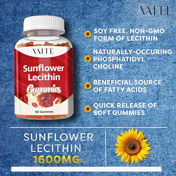 Sunflower Lecithin Extract Gummies 800mg - Vegan, Non-GMO, Soy-Free & Gluten-Free - Cognitive Health & Daily Nutrition - Easy-to-Digest, Plant-Based Wellness Chews for Adults - 60 Chewables