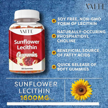 Sunflower Lecithin Extract Gummies 800mg - Vegan, Non-GMO, Soy-Free & Gluten-Free - Cognitive Health & Daily Nutrition - Easy-to-Digest, Plant-Based Wellness Chews for Adults - 60 Chewables