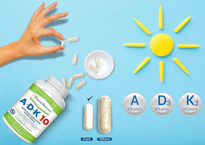 Power By Naturals ADK Vitamin Supplement – ADK 10 High Potency with Vitamins A, D3 10,000 IU & K2 MK7 for Superior Heart, Immune & Bone Health Support – 90 Capsules, 1 Pack (3-Month Supply)
