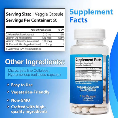 Vitamin D3 K2 Capsules for Men and Women - K2 D3 Vitamin Supplement for Healthy Heart and Bone Support, Immune System & Blood Circulation Assistance, Formulated in USA, 60 Veggie Capsules