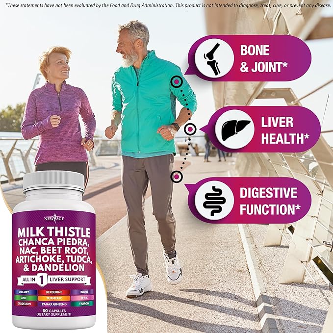 NEW AGE Milk Thistle NAC Chanca Piedra Beet Root Artichoke Dandelion Root Astragalus - Plus TUDCA & Ginger - 120 Count