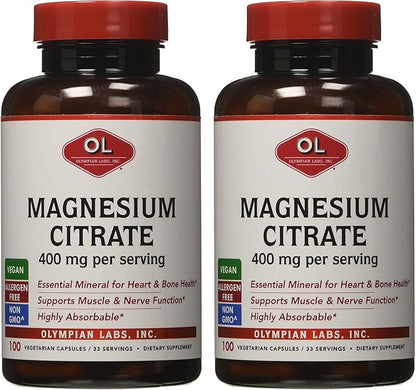 Olympian Labs Magnesium Citrate, 400mg 33 Servings, Support Healthy Nervous System, Muscle & Bone, 100 Capsules