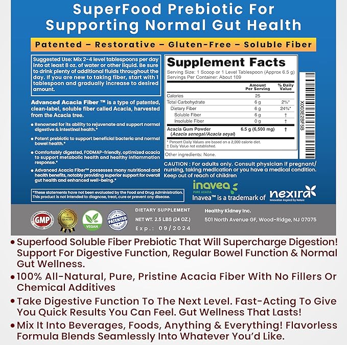 Organic Acacia Fiber Powder Prebiotic Soluble Fiber Powder Perfect Bathroom Trips, Digestion, IBS Relief, Leaky Gut Repair 24oz w/Scooper